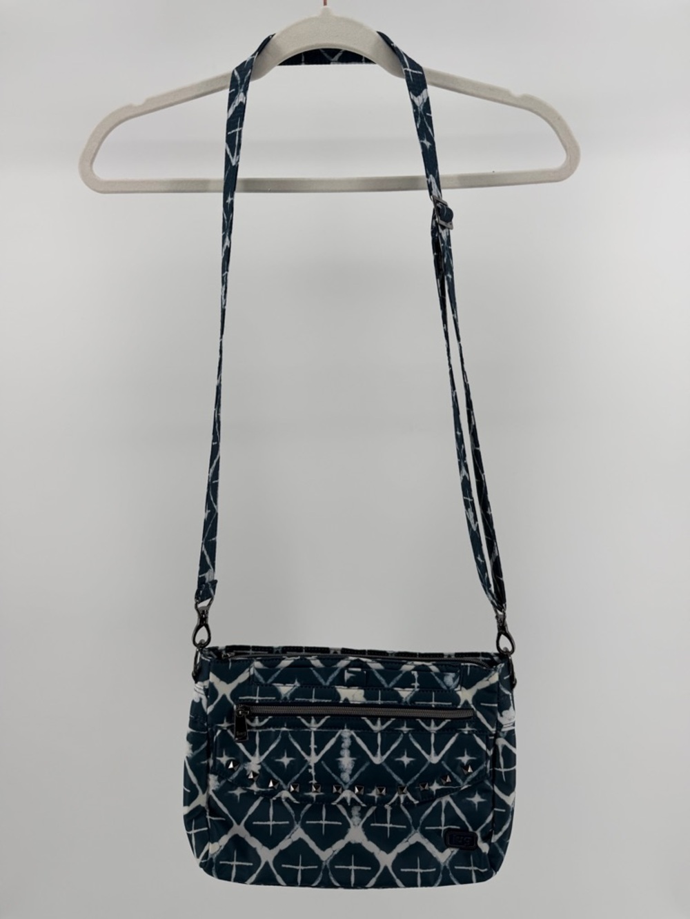 Lug Pacer 2 Blue White Diamond Print RFID Crossbody Purse with Stud Details